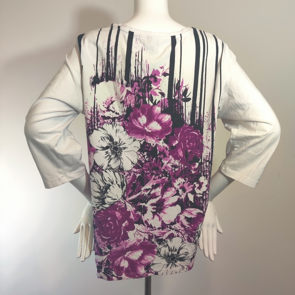 Christopher & Banks XL Purple & Black Floral 3/4 Sleeve Tee with Rhinestones - Picture 3 of 8